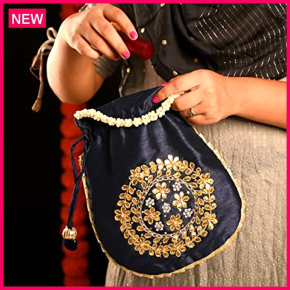 Embroidered Potli Clutch Wristlet Handmade Traditional Ethnic Wedding Party - Picture 3 of 7